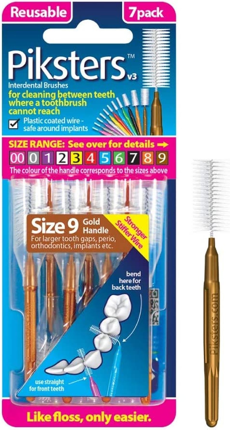 Piksters Interdental Brush – Brushes for Cleaning between Teeth (7 Pack, Size 9 (Gold))