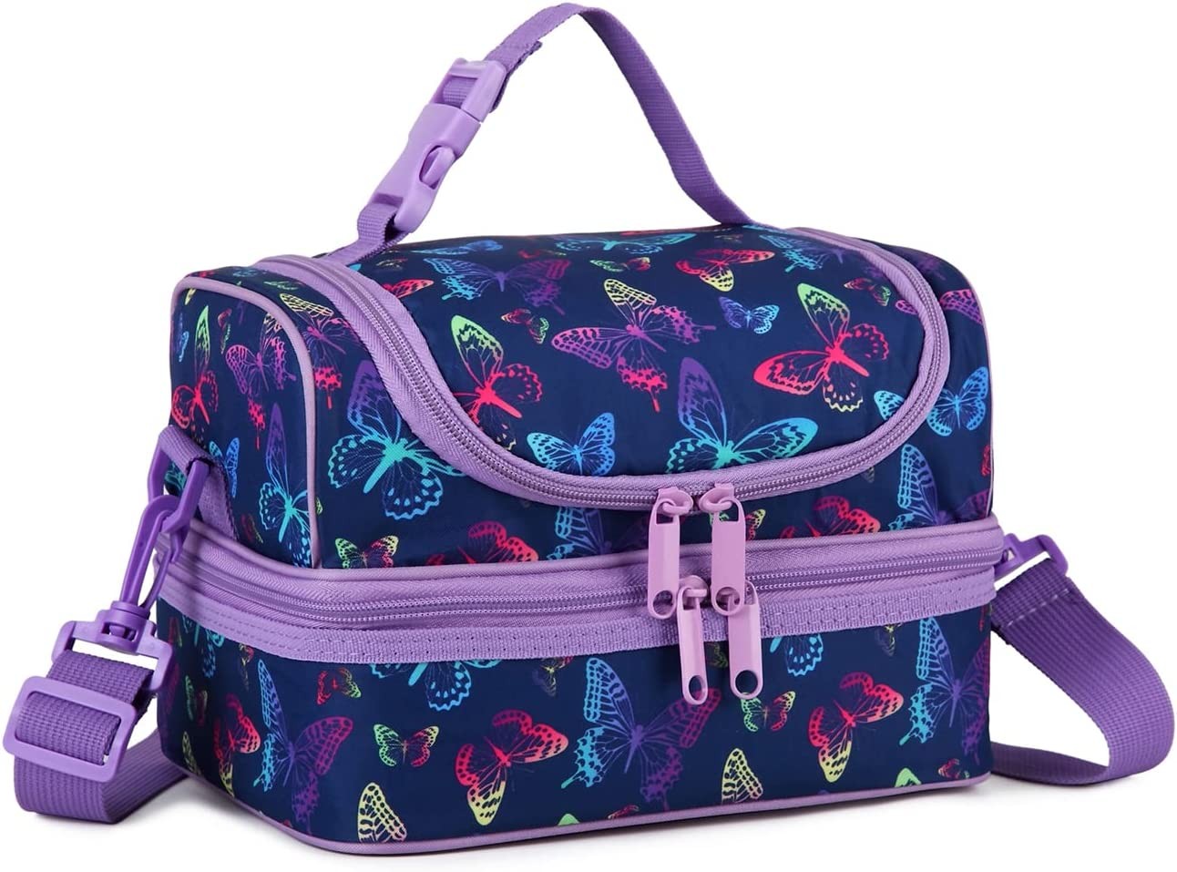 Lunch Box Bag Kids,Vaschy Insulated Two Compartments Cooler Bags Girls/Women W Shoulder Strap for School,Daycare,Kindergarten,Picnic Purple Butterfly