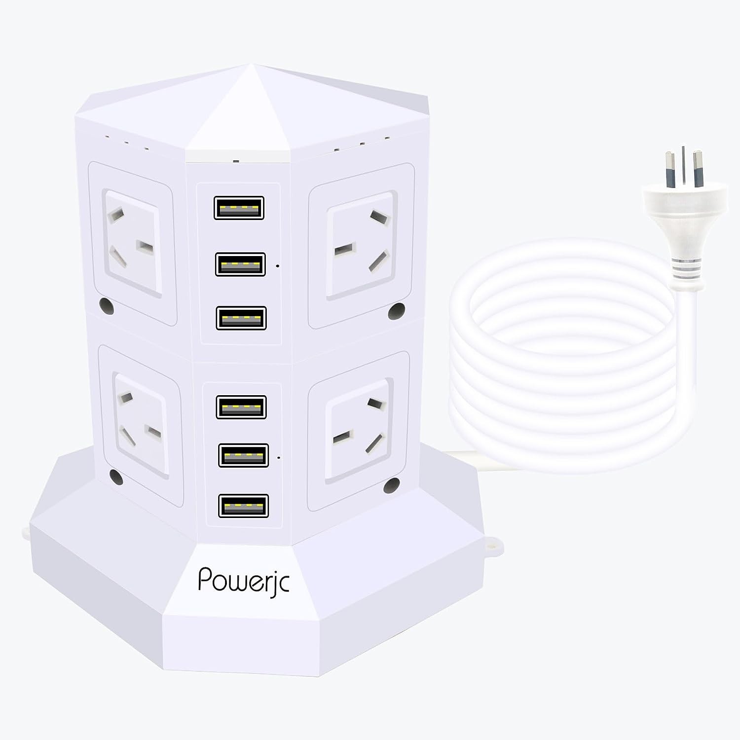 Powerjc Tower Power Strip Surge Protector 8 AC Outlets Outlet with 6 2.4A Totals 6A Ports Smart USB Chargers 2M Long Extension Cord SAA Certified White