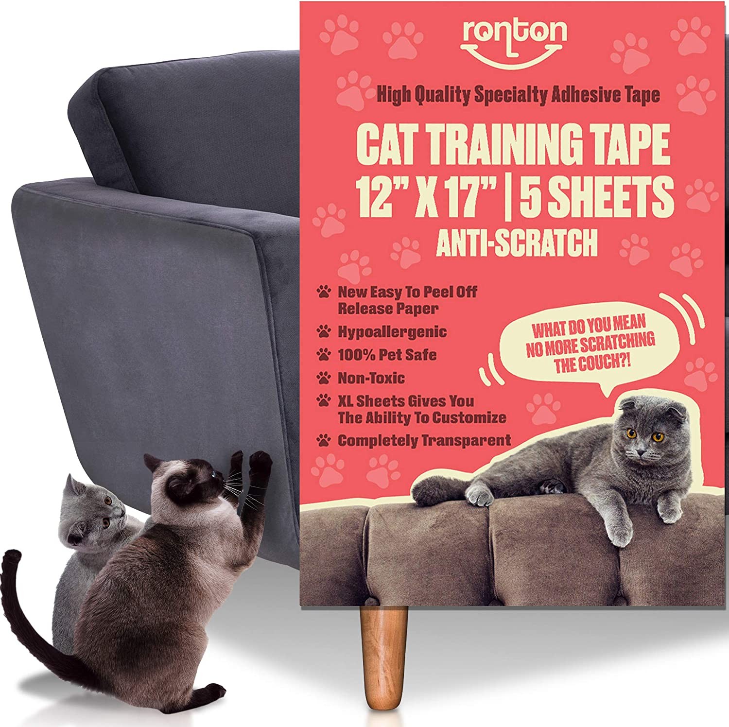 Ronton Cat Scratch Deterrent Tape – 12 in X 17 in X-Large Sheets | anti Scratch Tape for Cats | 100% Transparent Clear Double Sided Training Tape | Pet & Kid Safe | Furniture, Couch, Door Protector