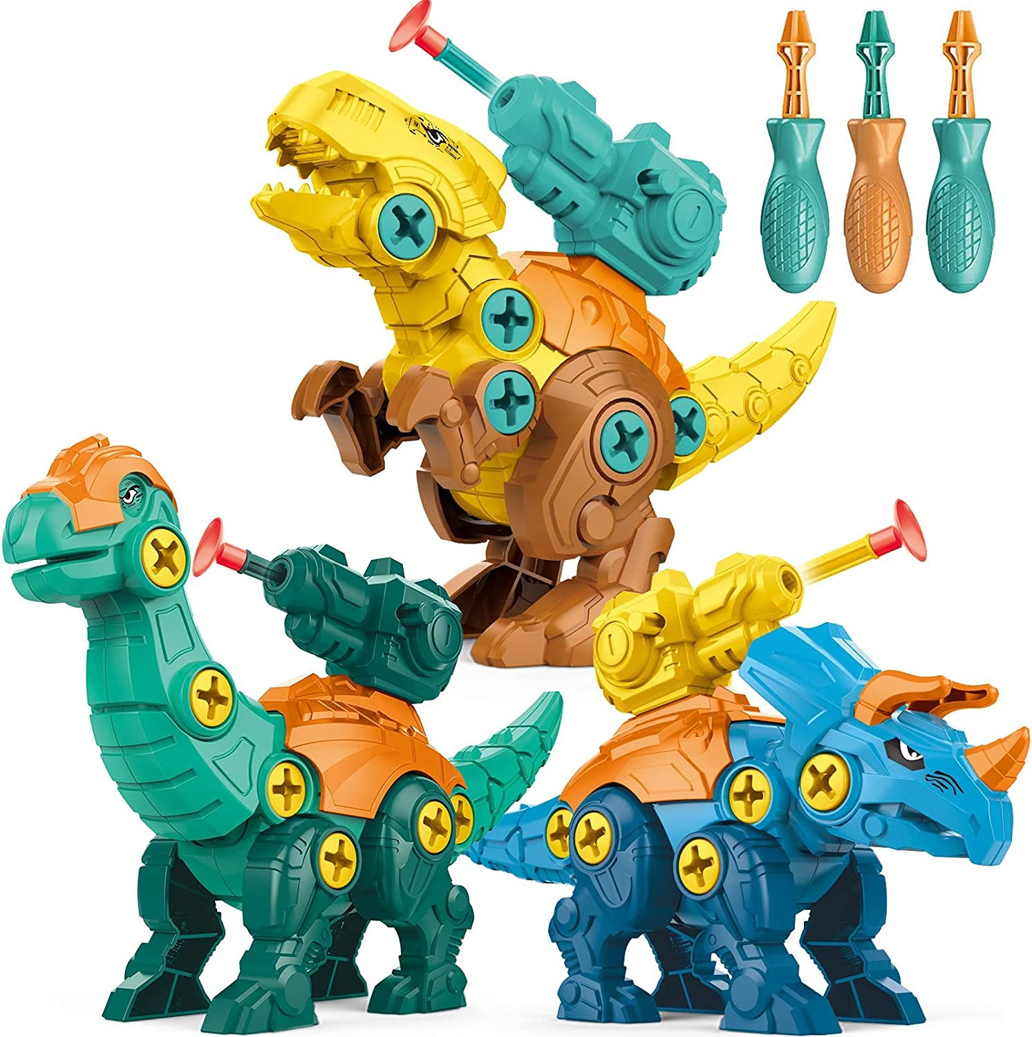 CYZAM Take Apart Dinosaur Toys for 3 4 5 6 7 8 Years Old Boys Girls, Building Toy Set with Screwdrivers and Shooting Launchers, Construction Engineering Play Kit STEM Learning for Kids (3 Pack)