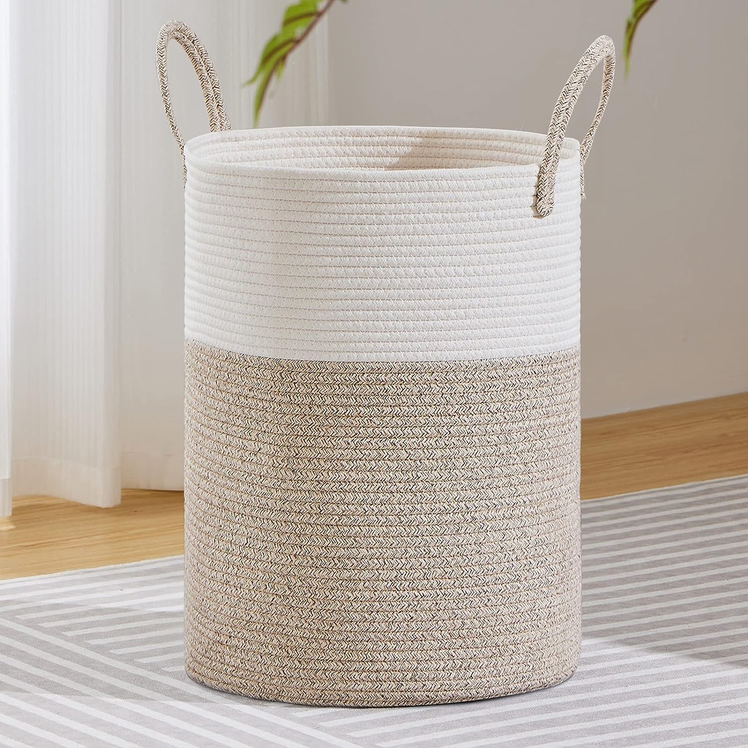 VIPOSCO Large Laundry Hamper, Tall Woven Rope Storage Basket for Blanket, Toys, Dirty Clothes in Living Room, Bathroom, Bedroom – 100L White & Brown