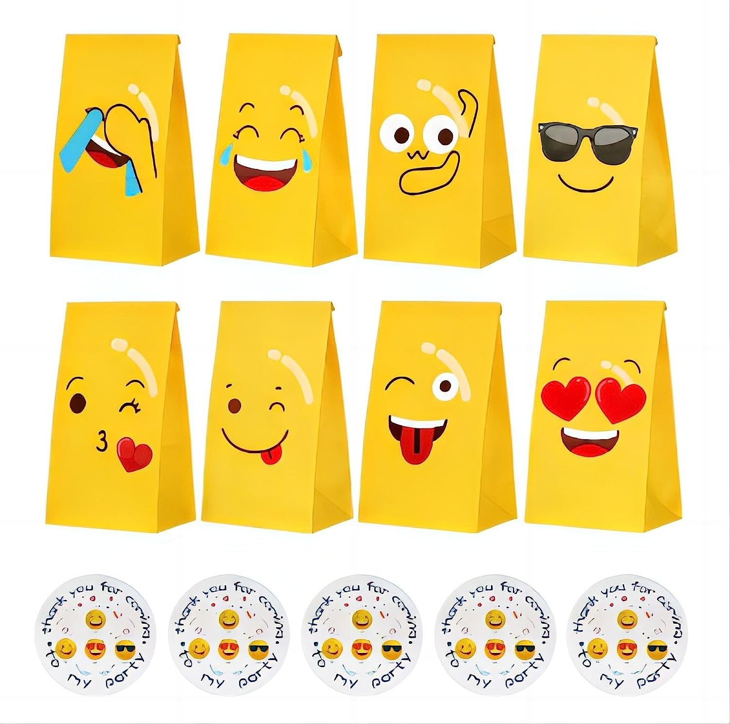 MAIHUO 24 PCS Paper Gift Bags,Party Favor Bags,Paper Party Bags,Smiley Emoji Bags,Gift Bags with THANK YOU Stickers, 23 X 12 Cm Candy Storage Bags