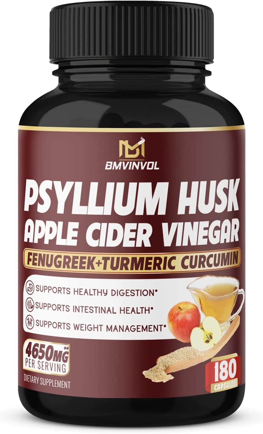 Psyllium Husk Fiber Supplement 4650Mg – Apple Cider Vinegar, Fenugreek – Supports Weight Management and Digestive Regularity – 3 Months Supply