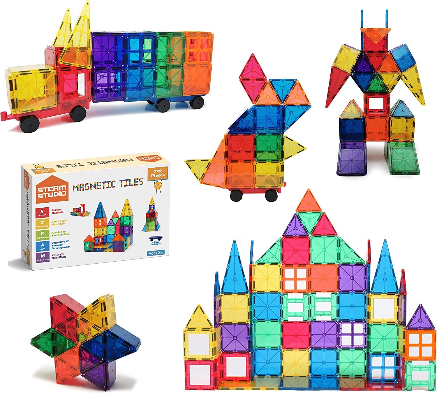 STEAM STUDIO 120Pcs Magnetic Tiles Including Two Cars, Secured with Rivets, BPA Free Kids Toys, Rainbow Colours Building Blocks Toddler Toys for Boys Girls, Building & Construction