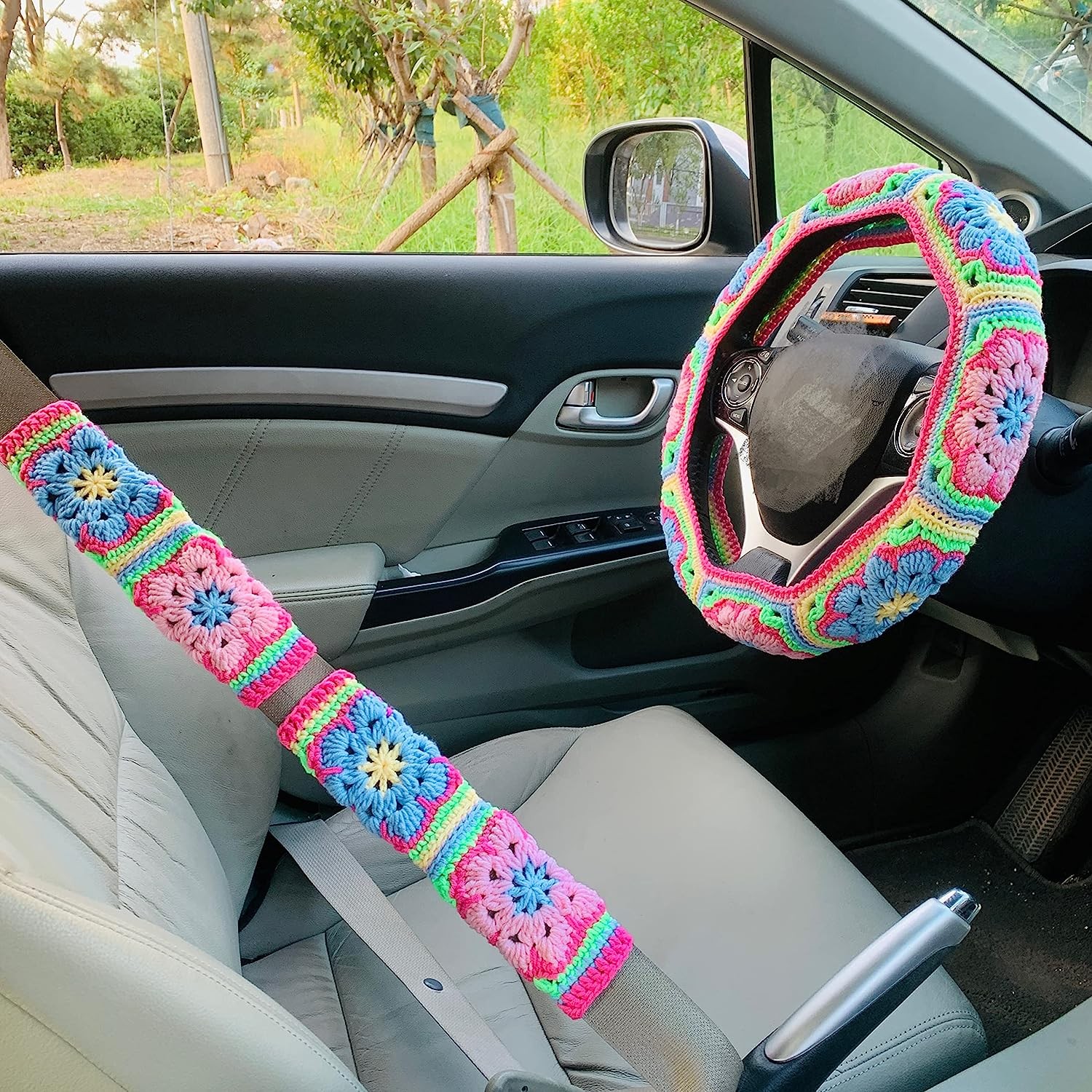 Oneternal Handmade Crochet Steering Wheel Cover for Women Girl, Cute Colorful Flower Seat Belt Cover, Car Interior Accessories Decorations. (Steering Wheel Cover)