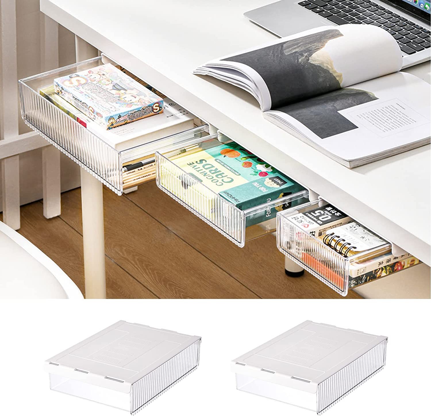 2 Sets under Desk Drawer,Attachable under Desk Storage,Hidden Self-Adhesive Desk Drawer Slide-Out,Hidden Plastic Drawer,Stick on Drawer under Desk Organizer for Office Home Closet Stationery (Clear)