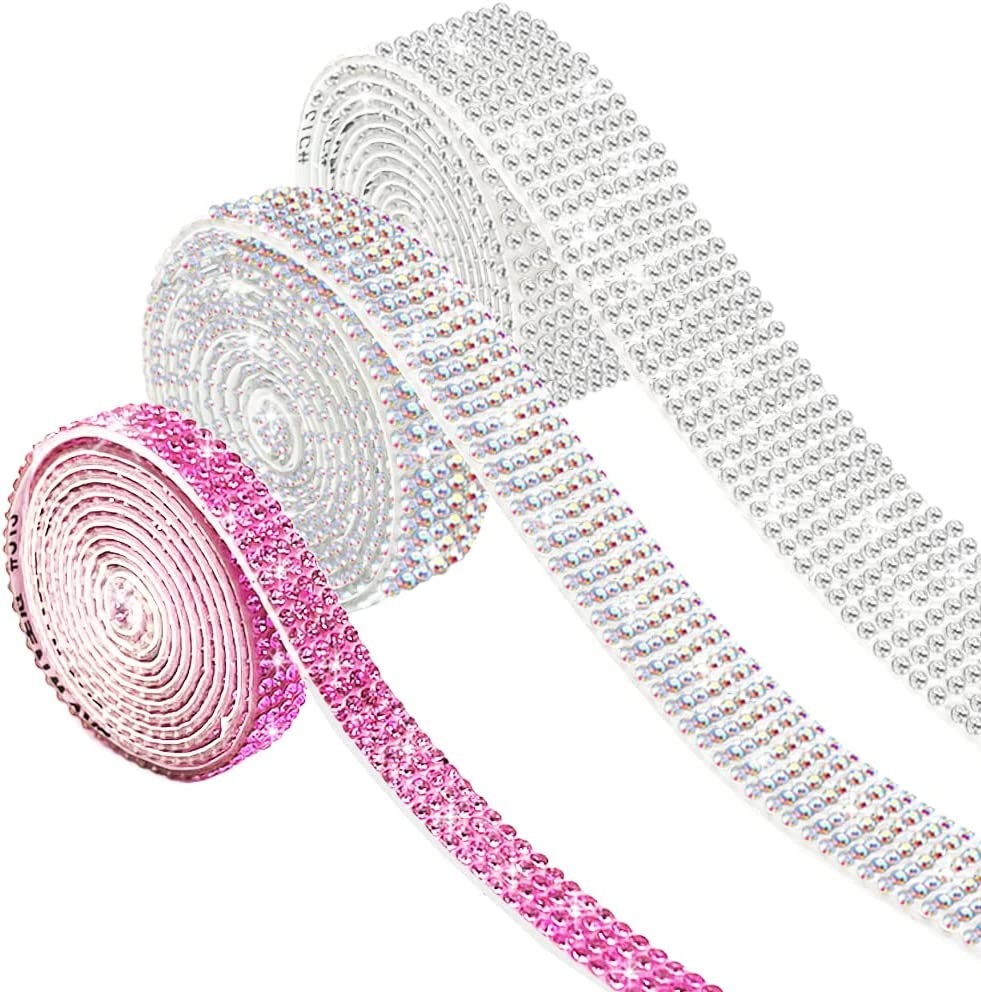 3 Rolls Rhinestone Ribbon Self Adhesive, AFUNTA 3 Yards Crystal Stickers Glitter Ribbons Bling Ribbons Roll for Wedding Cakes Birthday Crafts Decorations (Silver AB Pink)