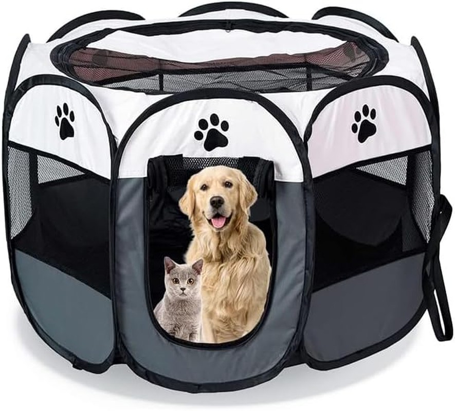 8 Panel Pet Tent Playpen Dog Cat Play Pen Bags Kennel Portable Puppy Crate with Top and Side Zippers, Foldable Kennel for Puppies, Available in Grey, Sizes S & L