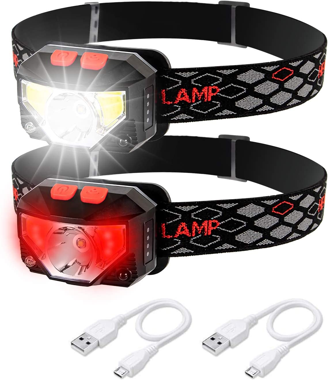 Rechargeable LED Headlamp, 2 Pack Bright Ultra-Light Headlamps for Adults Kids, 6 Modes White & Red Lamp Angle Adjustable Waterproof Motion Sensor Hand-Free Flashlight for Camping Running Hiking