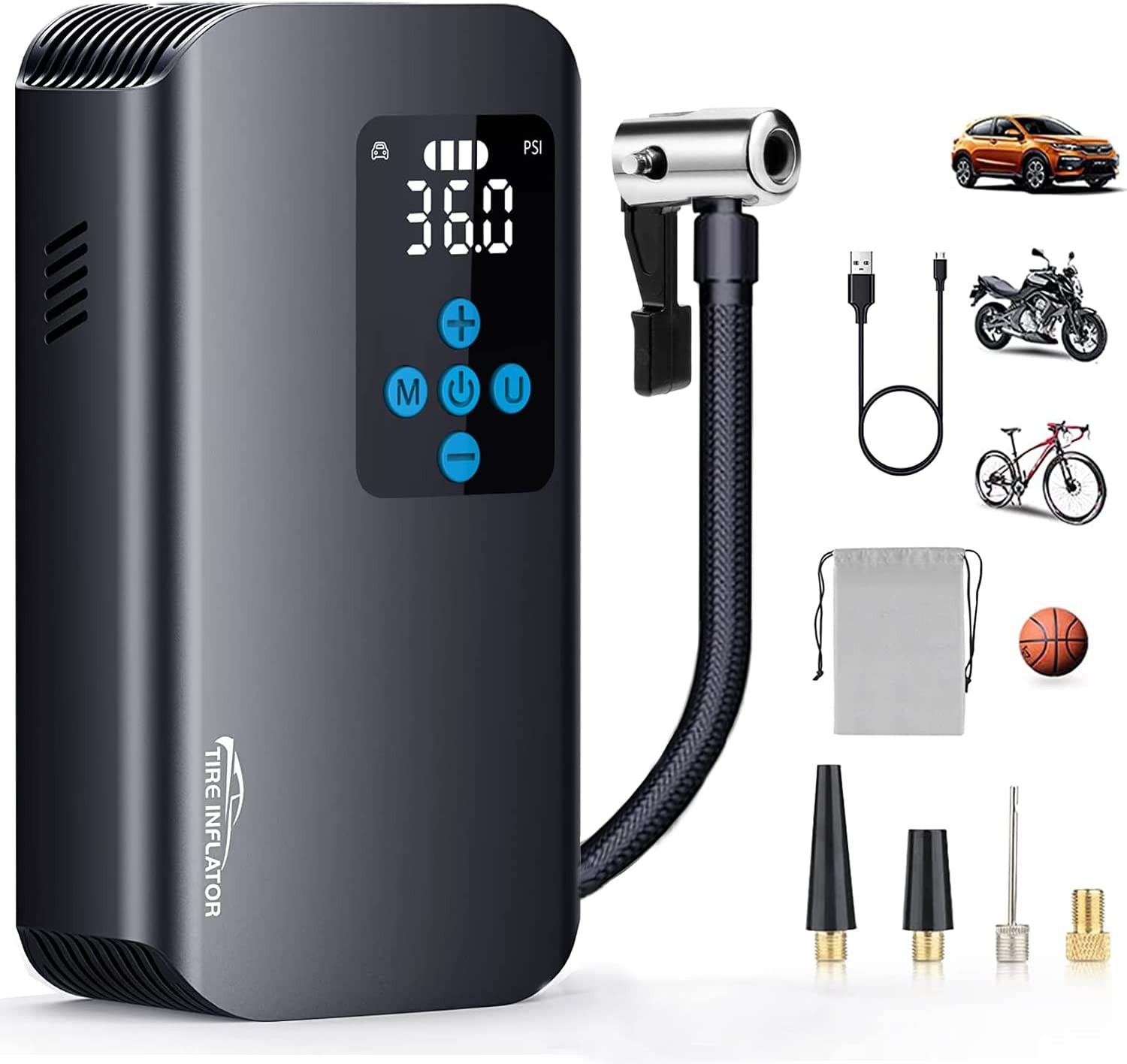 Tyre Inflator Portable Air Compressor, 150PSI Cordless Air Pump for Car, 7800Mah Digital Tire Inflator with Pressure Gauge and Led Light for Cars Bikes Motorcycles Balls, Power Bank W/Led Light