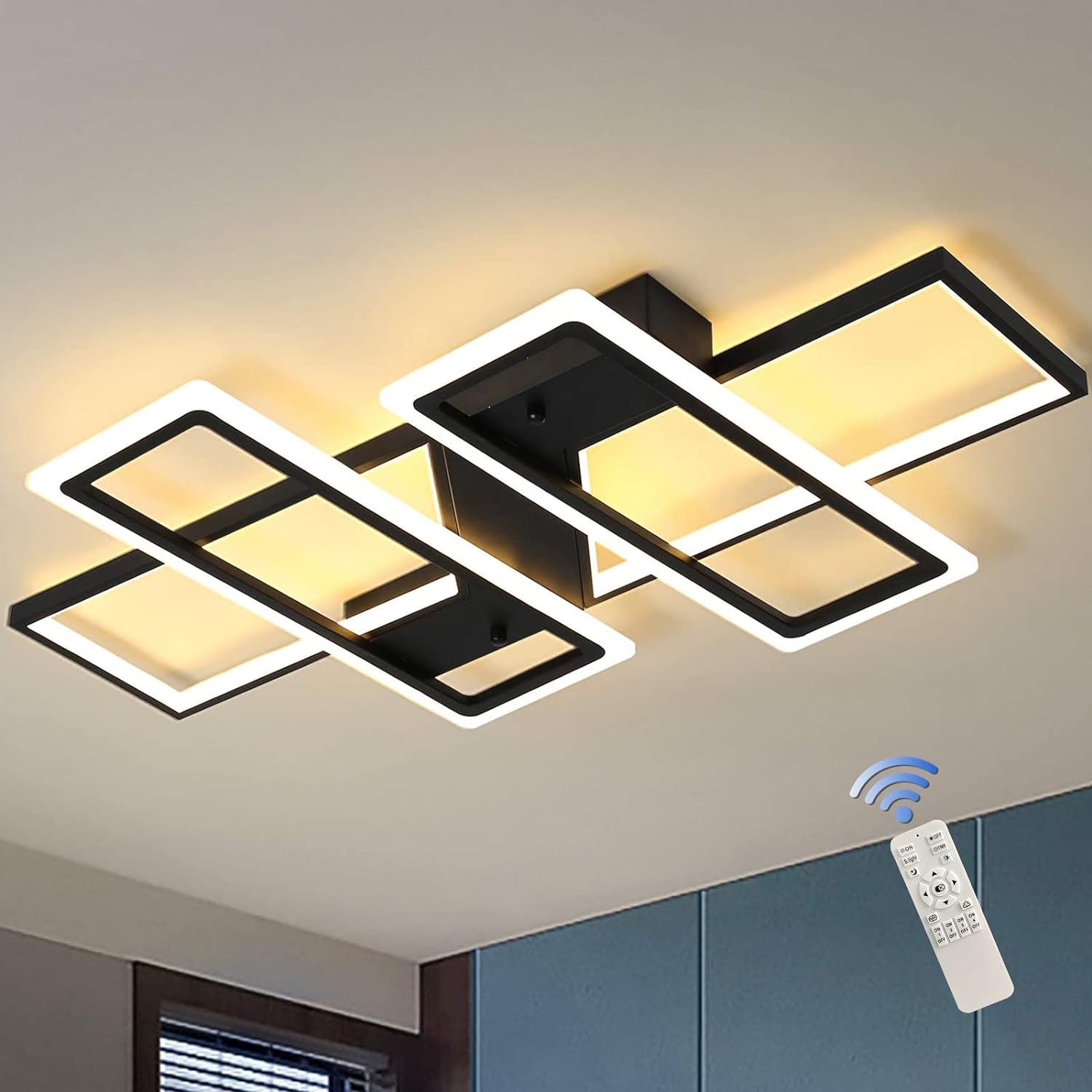 Jaycomey Dimmable LED Ceiling Light, 4 Squares Modern Ceiling Lamps, 80W Acrylic Flush Mount Ceiling Light Fixture, Black Chandelier Lighting for Living Dining Room Bedroom Kitchen Island Office