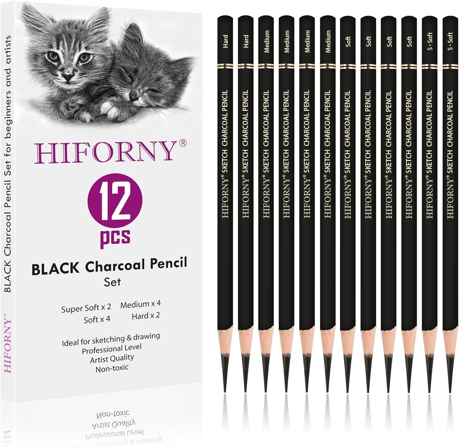 HIFORNY 12 Pieces Charcoal Pencils Drawing Set – Super Soft,Soft,Medium and Hard Charcoal Pencils for Drawing,Sketching,Shading,Blending,Portrait