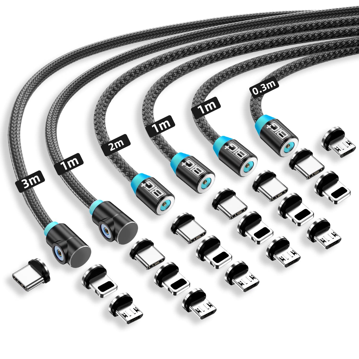 Big+ 3-In-1 Magnetic Charging Cable, 6 Pack Phone Charger with 1X0.3M, 3X1M,1X2M, 1X3M Cables and 18 Tips, Nylon Braided Cord, Compatible for Charging Smartphones, Micro USB and Type C Devices