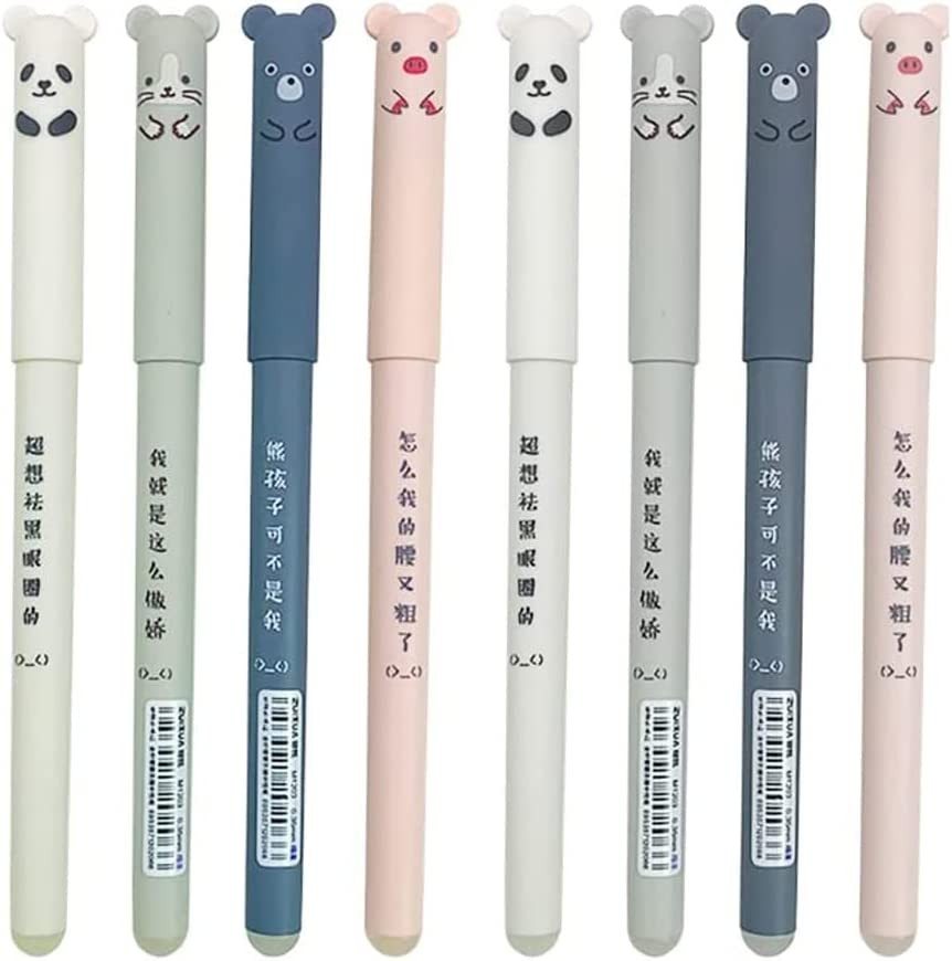 Weforu 8Pcs Erasable Gel Ink Pens Cute Kawaii Cartoon Cat Pig Bear Panda Animal Pen(4 Black Ink Gel 4 Blue Ink) for Student Kids Gift School