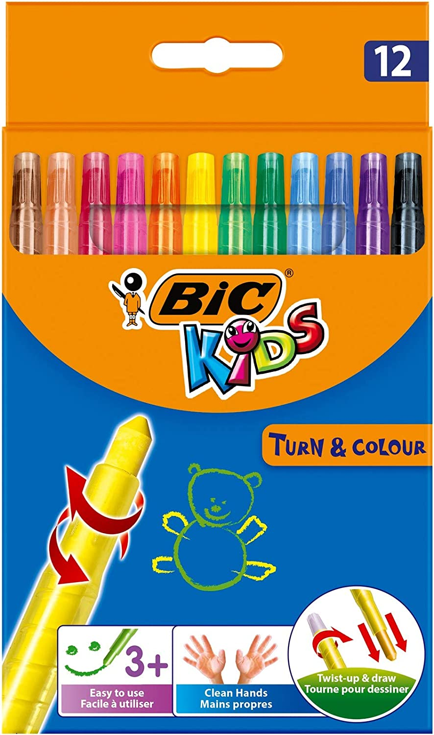 BIC 8805082 Kids Turn and Colour Crayons – Assorted Colours, Pack of 12