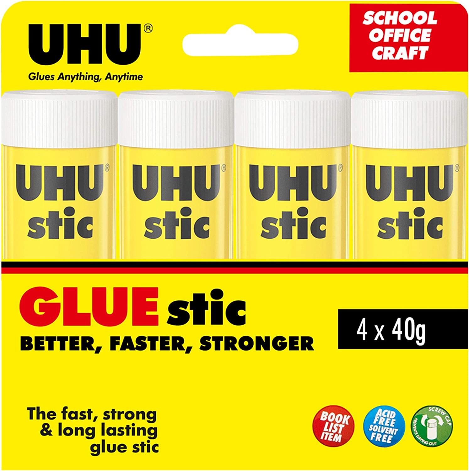 UHU Solvent Free 4 Glue Sticks, (33-40575)