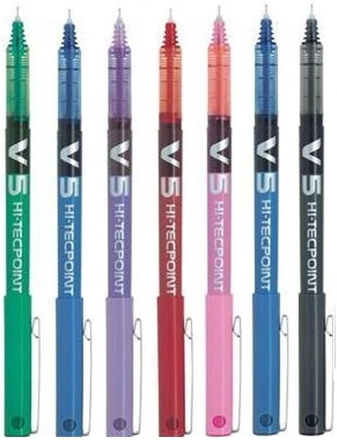 Pilot Bx V5 Assorted Colour Pack Hi-Tecpoint Extra Fine Rollerball Pen 0.5Mm Nib Tip 0.3Mm Line Width (Black Red Blue Green Violet Pink Light Blue) 1 of Each Colour (7 Pens) Assorted Pack