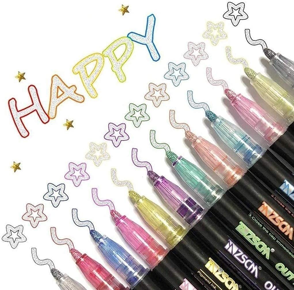 Dazzle Markers, Double Line Outline Pen Markers, 12 Colors Marker Pen Magic Shimmer Paint Pens for Highlight for Drawing/Painting/Posters/Diy Art Crafts