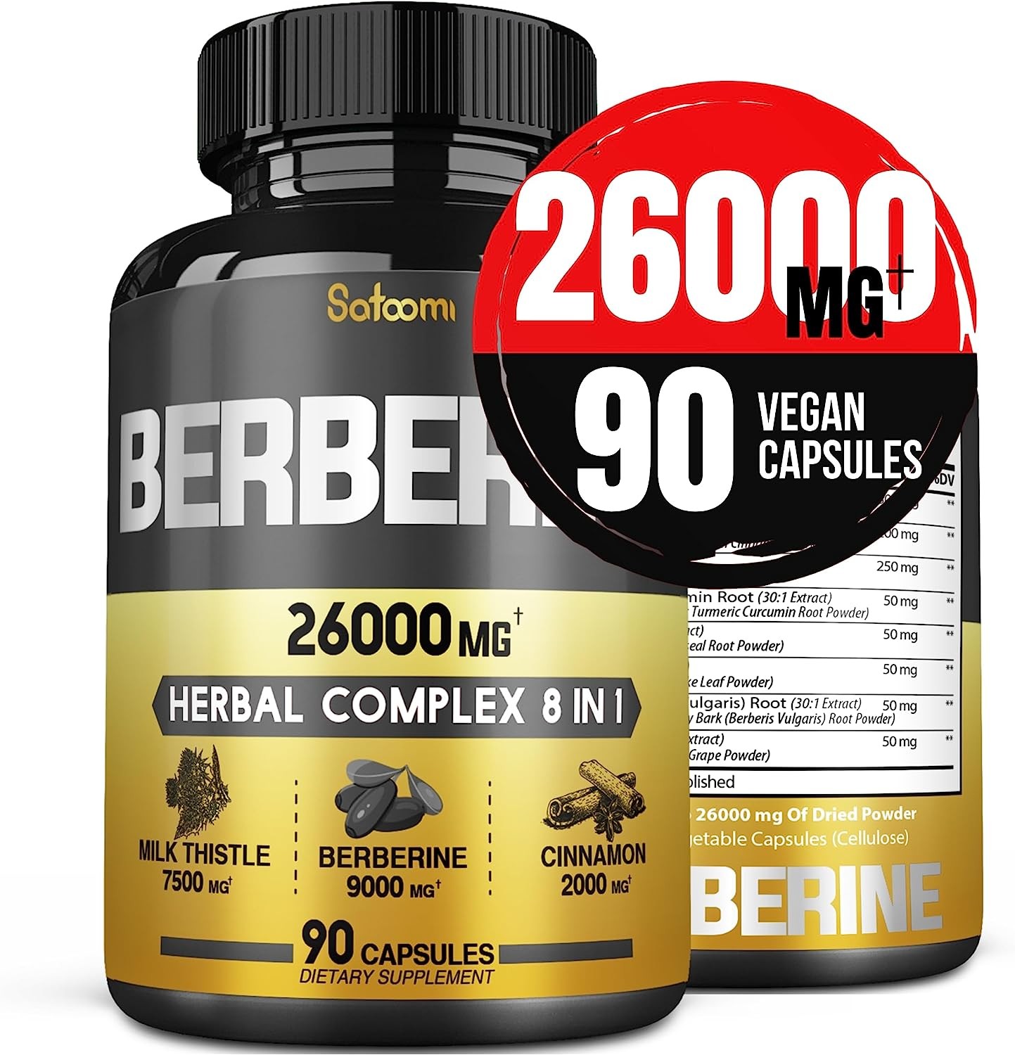 8 in 1 Premium Berberine Supplement – 26000Mg per Serving Equivalent (Extract 30:1) Berberine Hcl 9000Mg Ceylon Cinnamon 2000Mg Milk Thistle 7500Mg Turmeric Curcumin 1500Mg and More – 45 Days Supply