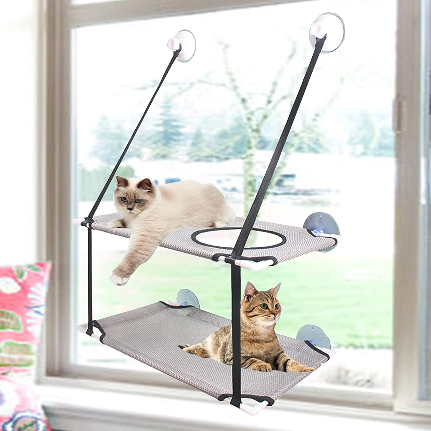 AHYUANBA Double Layered Cat Hammocks for Indoor Cats, Cat Window Perch, Double Layered Cat Window Hammock,Window Mounted Cat Seat Cat Window Bed for Cats inside up to 35Lbs（Grey）