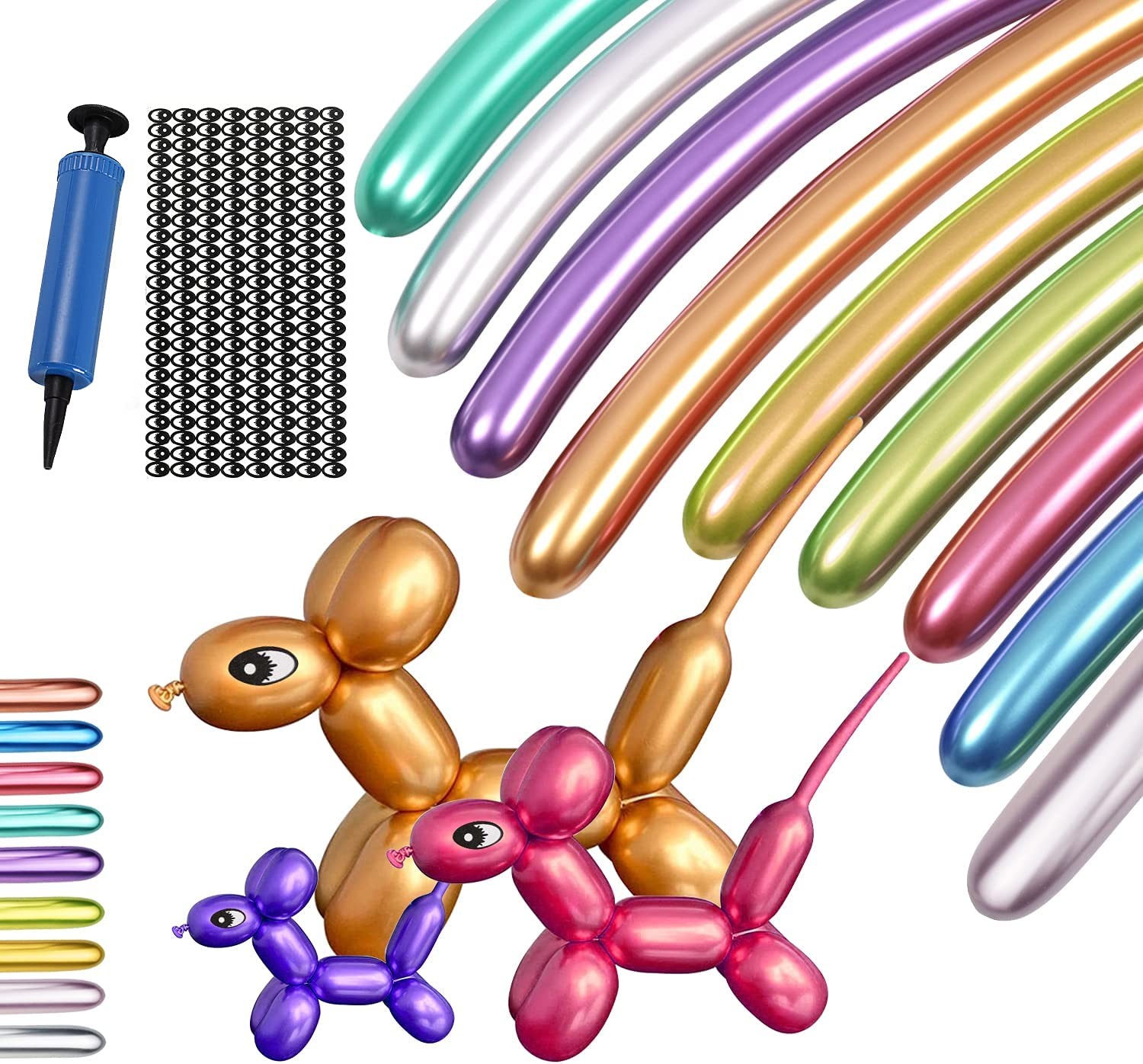 Balloons for Balloon Animals, 100PCS Long Twisting Balloons Kit with Pump, Metallic 260 Latex Balloons, Kit for Animal Making Magic Chrome Balloons Mixed Color for Birthday Wedding Festival Party