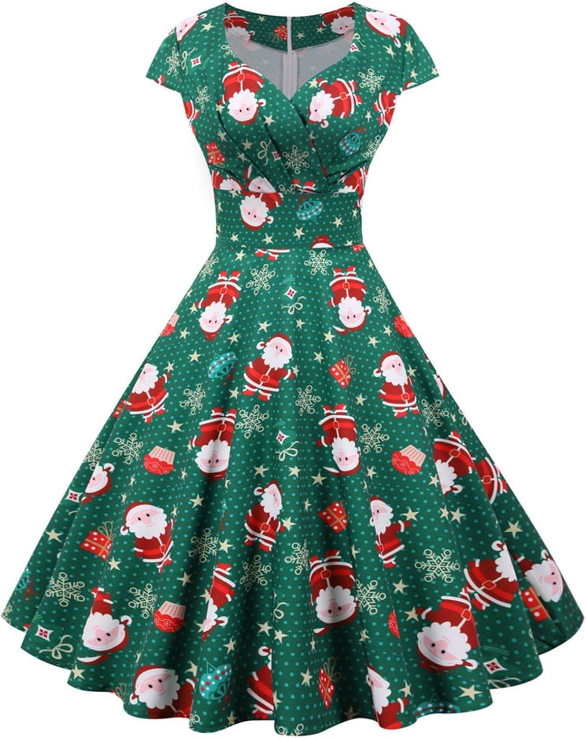 Uneedvog Women’S Christmas Dresses Xmas V-Neck Short-Sleeved Printed Flare Dress Vintage 1950S Gown