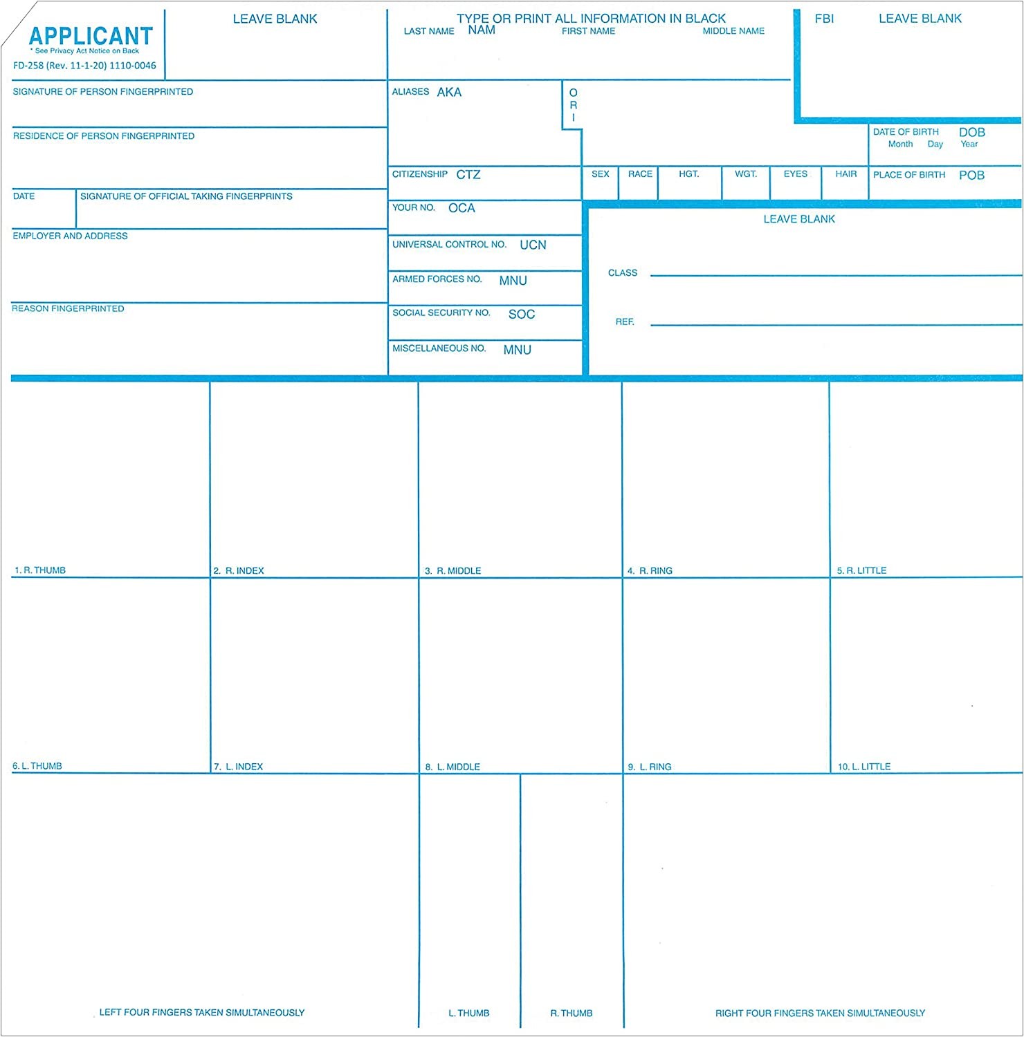 Fingerprint Cards Applicant FD-258 5 Cards