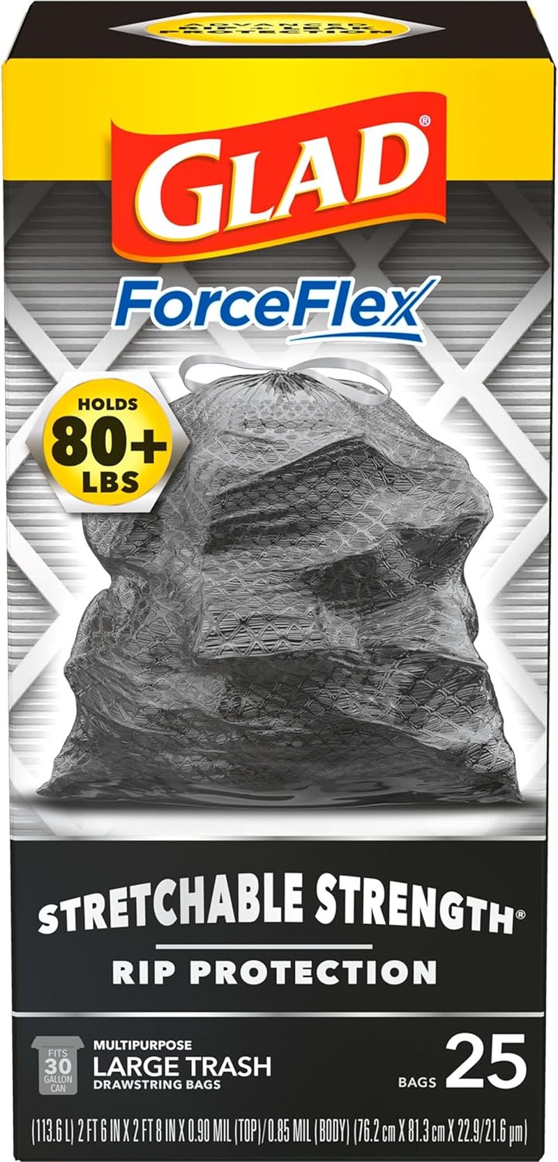 Glad Forceflex Trash Bags, Multipurpose Rubbish Bags with Stretchable Strength, Fits 30 Gallon Can, 25 Count