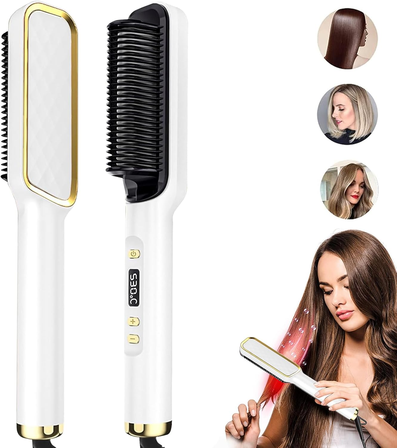 Yoawllty Hair Straightener Brush, 2 in 1 Hair Straightening Iron and Curler, Anti-Scald Straightening Comb Curling Iron for Girls Women All Hairstyles (White)