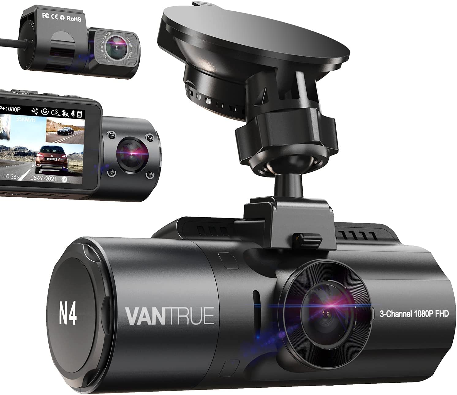 Vantrue N4 4K 3 Channel Dash Cam, Front and Rear inside Three Way Triple Dash Camera for Cars 1440P+1440P+1080P with IR Night Vision, 24 Hours Parking Mode, Motion Detection, Support 256GB Max