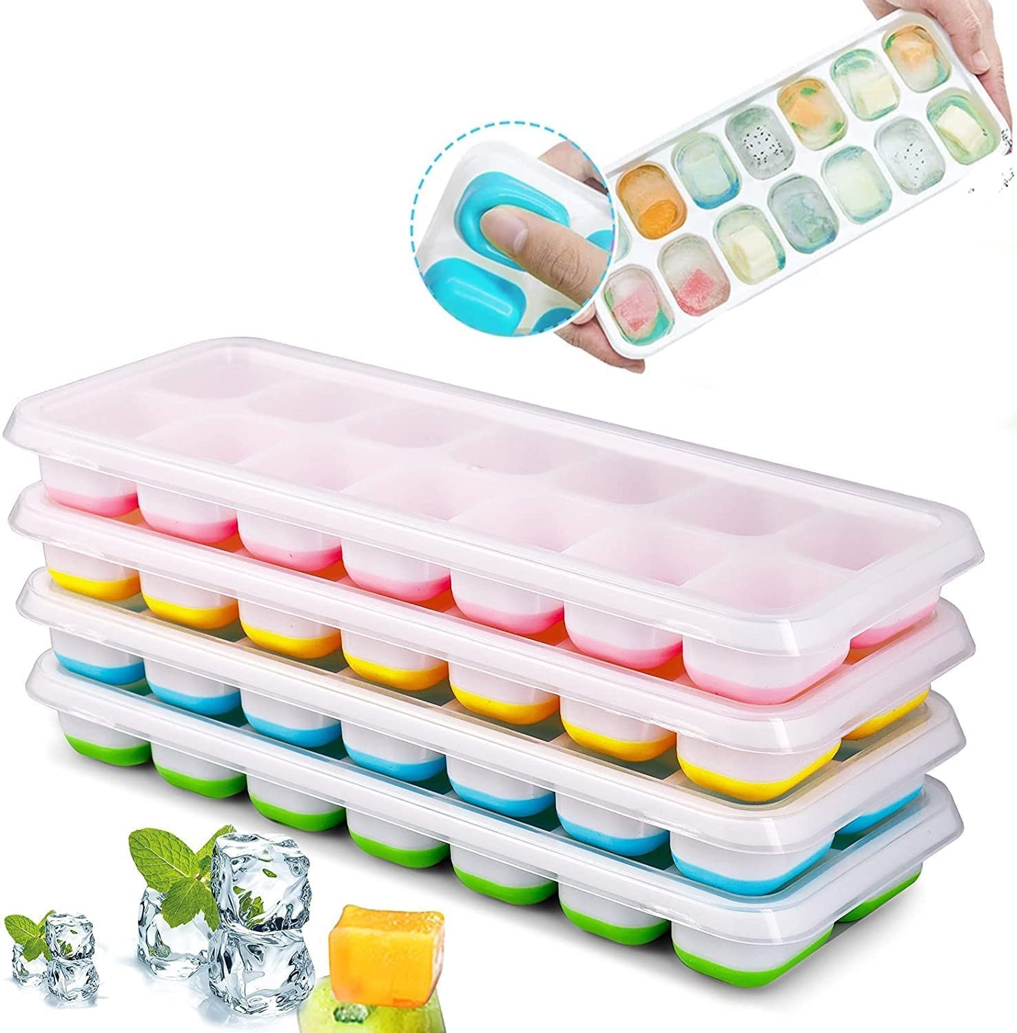 Ice Cube Trays 4 Pack, Reusable Silicone Ice Tray with Lid 14-Ice Cube Trays Super Easy Release Ice Cube Molds, Best for Chilled Drinks, Whiskey and Cocktails, BPA Free