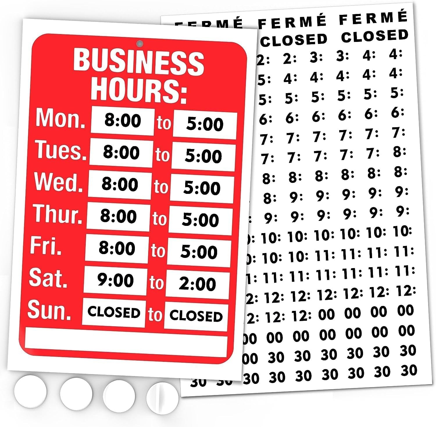 Open Signs, Business Hours Sign Kit – Bright Red and White Colors – Includes 4 Double Sided Adhesive Pads and a Black Number Sticker Set – Ideal Signs for Any Business, Store or Office