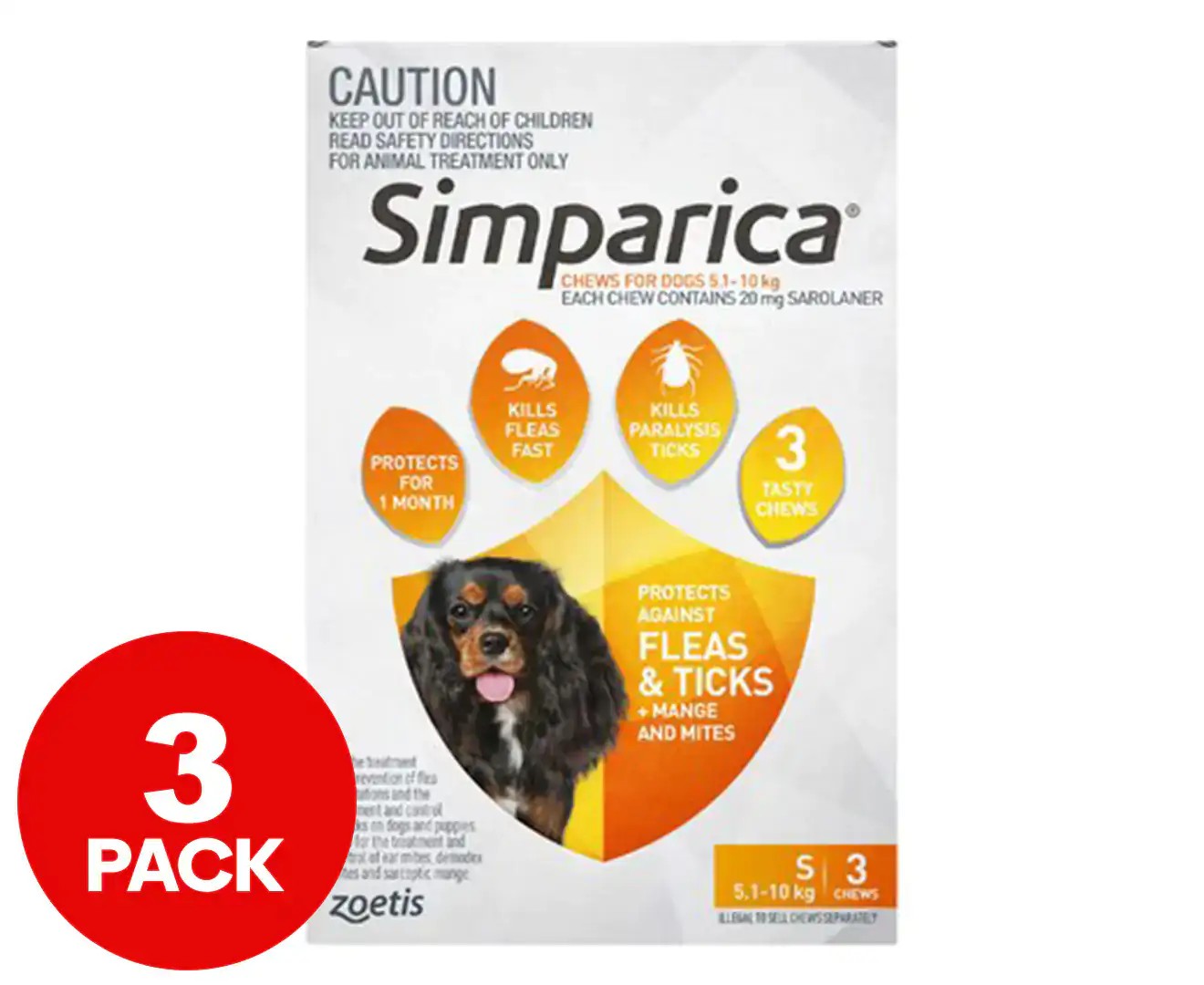 3Pk Simparica Flea & Tick Chews for Small Dogs 5.1-10Kg