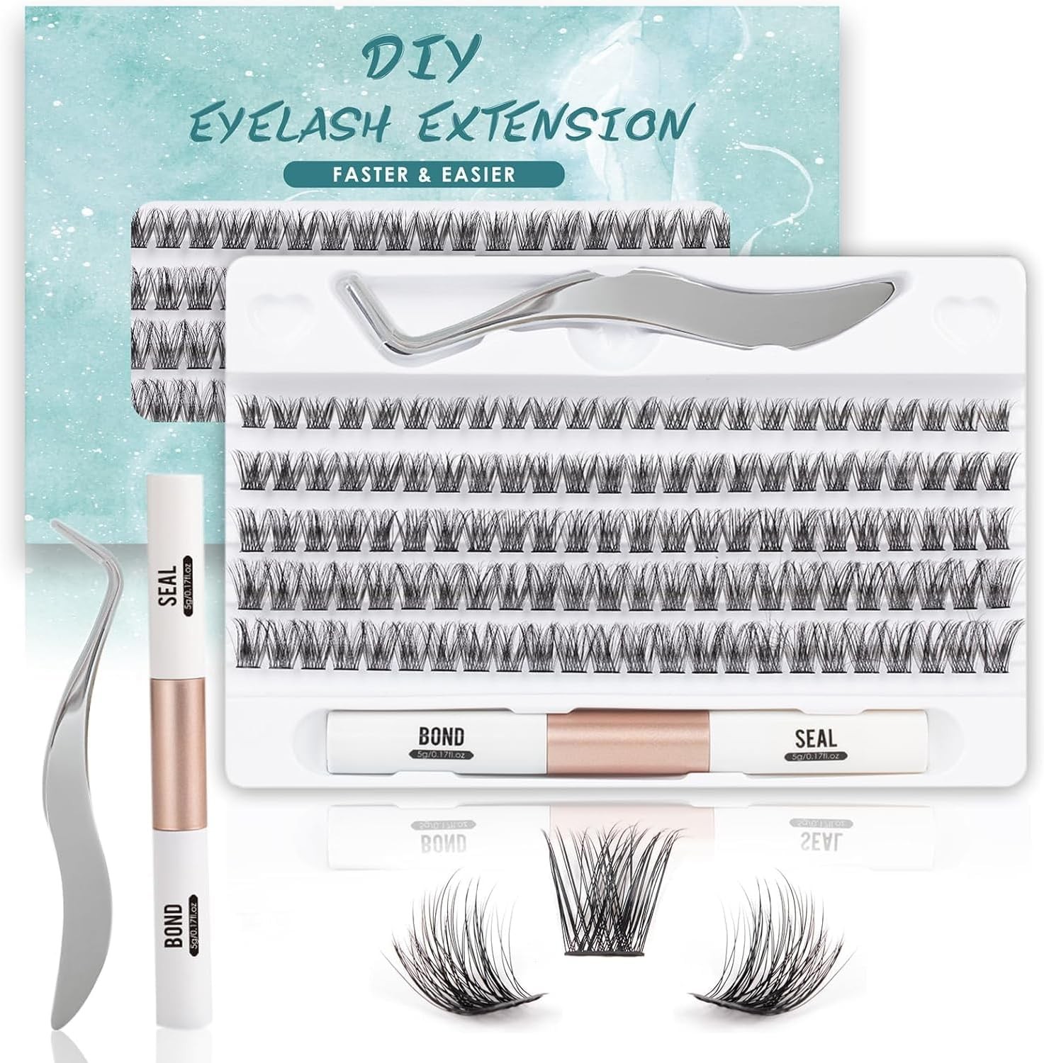 Tinure Lash Extension Kit-Individual Lashes with Bond and Seal-120 Lash Clusters DIY False Eyelashes Natural Cluster Lashes with Eyelash Glue and Lash Tweezers C D Curl 10/12/14/15/16Mm (120 C-Mix（10-16Mm）Kit, DM-17)