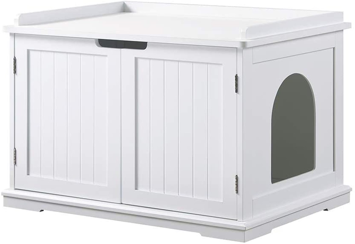 Unipaws Cat Litter Box Enclosure, Litter Tray Cover,Washroom Storage Bench, Indoor Cat House, Sturdy Wooden Structure Furniture, Easy Assembly, Fit Most of Litter Box, White