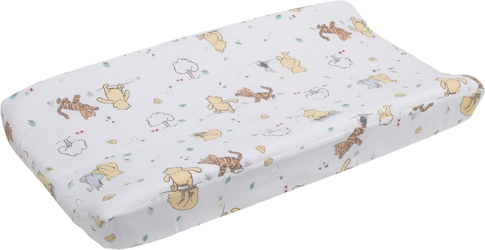 Disney Winnie the Pooh Classic Pooh 100% Cotton Quilted Changing Pad Cover, Ivory/Butter/Aqua/Orange 1 Count (Pack of 1)