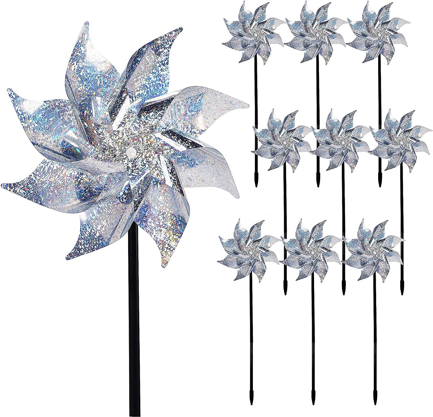 Hausse 10 Pack Reflective Pinwheels with Stakes, Extra Sparkly Pinwheel for Garden Decor, Bird Devices Deterrent to Scare Birds Away from Yard Patio Farm