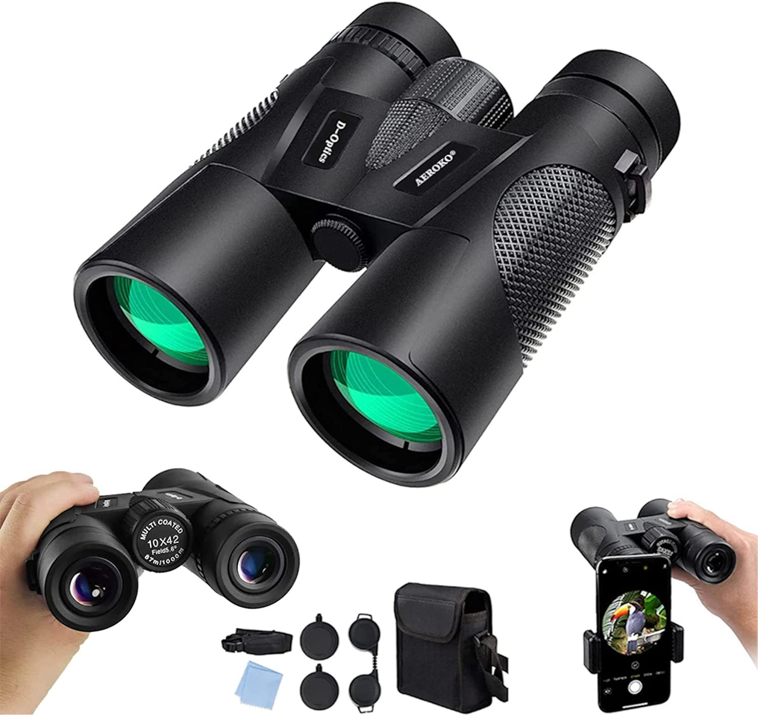 AEROKO Binoculars 10X42, BAK4 Prism HD High Power Professional Binocular Telescope, Waterproof, with Universal Phone Adapter for Photos