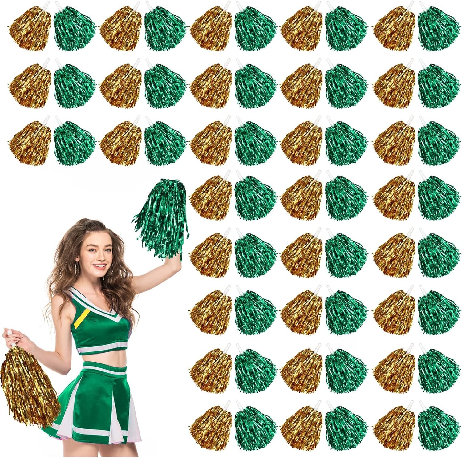 60 Pcs Cheerleading Pom Poms Cheer Pom Poms Fun Pom Poms Metallic Foil Pom Poms Cheerleading Poms with Plastic Handles for Cheering Squad Team Spirited Sports Dance Kids Girls