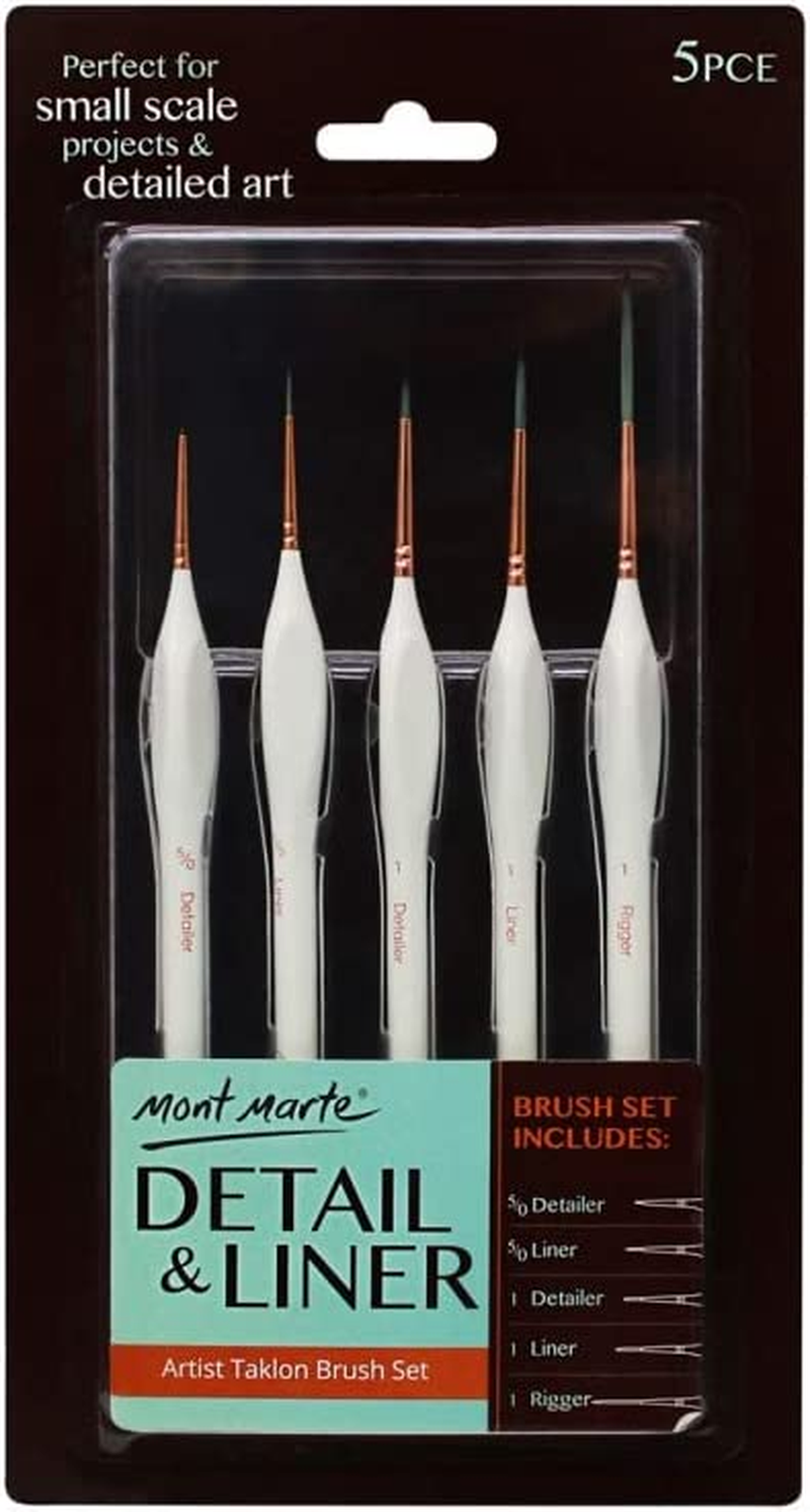 Mont Marte Detail&Liner Artist Taklon Brush Set 5 Pce with Wood Handles