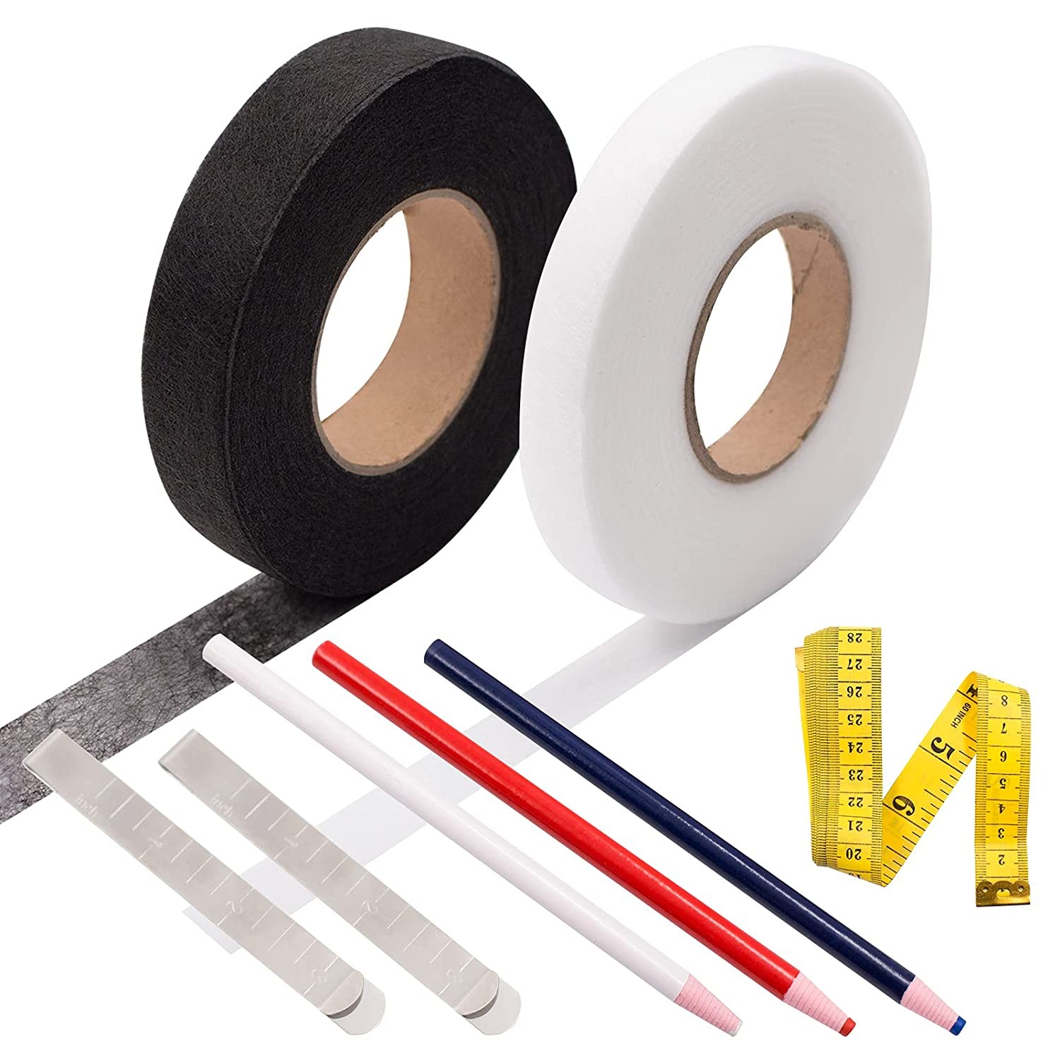 Daily Treasures Iron-On Hemming Tape, 2Rolls 140 Yards Fabric Fusing Tape with 2 Sewing Clips+3 Mark Pencil & 1 Soft Tape Measure-Bonding Web Adhesive Tape for Jeans Trousers Garment Cloth(15 & 20 Mm)