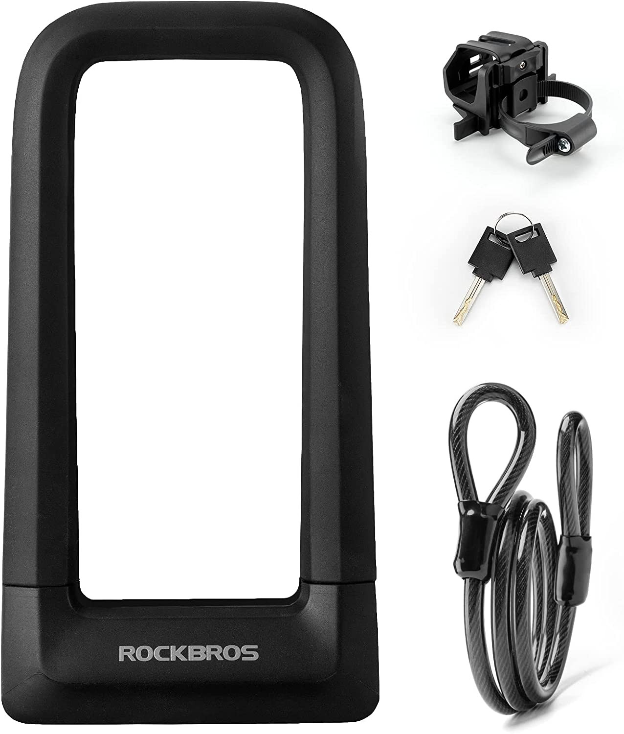 ROCKBROS Bike U Lock, Heavy Duty anti Theft Bike U Lock with Cable Silicone Cover (Max 22.5MM Bike U Lock+Keys+1.2M/4Ft Steel Cable+Mounting Bracket)