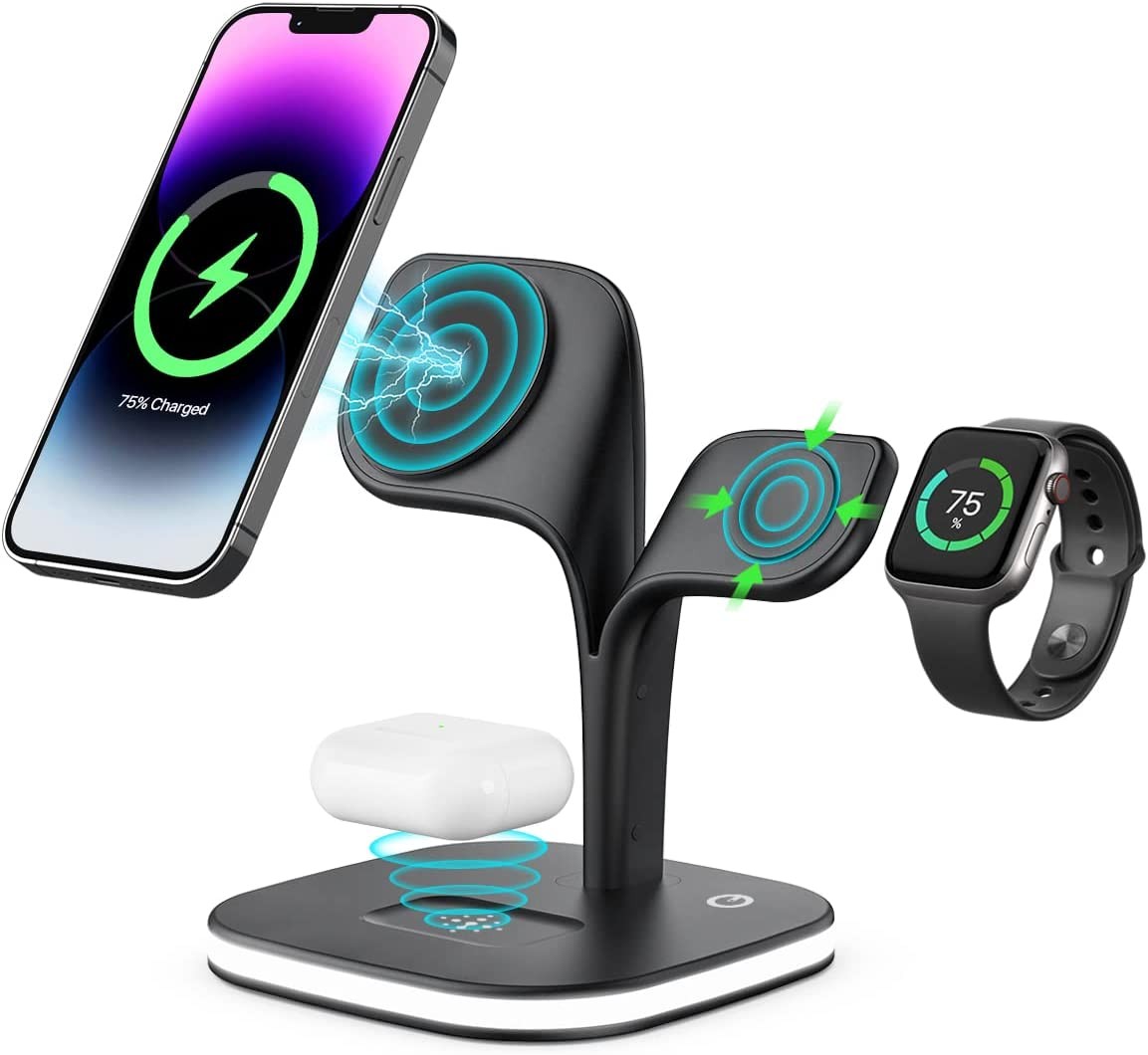 EXW Magnetic Charging Station, 5 in 1 Fast Mag-Safe Wireless Charger Stand for Iphone 15,14,13,12 Pro/Max/Mini/Plus, Apple Watch 8/7/6/SE/5/4/3/2 and Airpods 3/2/Pro/Pro 2 with LED and Adapter (Black)