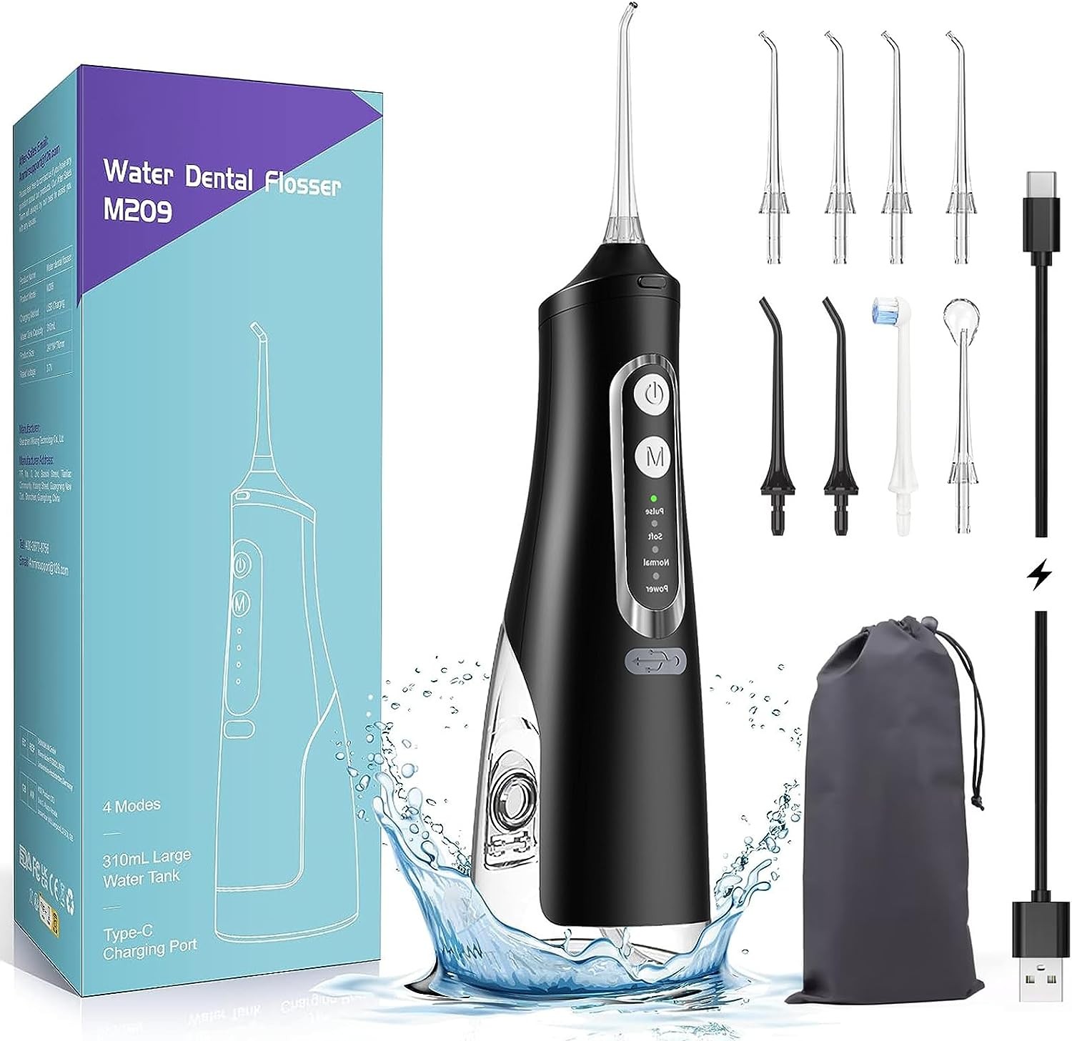 Annmiir Water Dental Flosser Professional Irrigator for Dental & Oral Care with 8 Tips 4 Modes 310Ml Large Capacity IPX7 Waterproof Rechargeable and Portable Cordless Deep Clean Teeth for Home &Travel (Black)