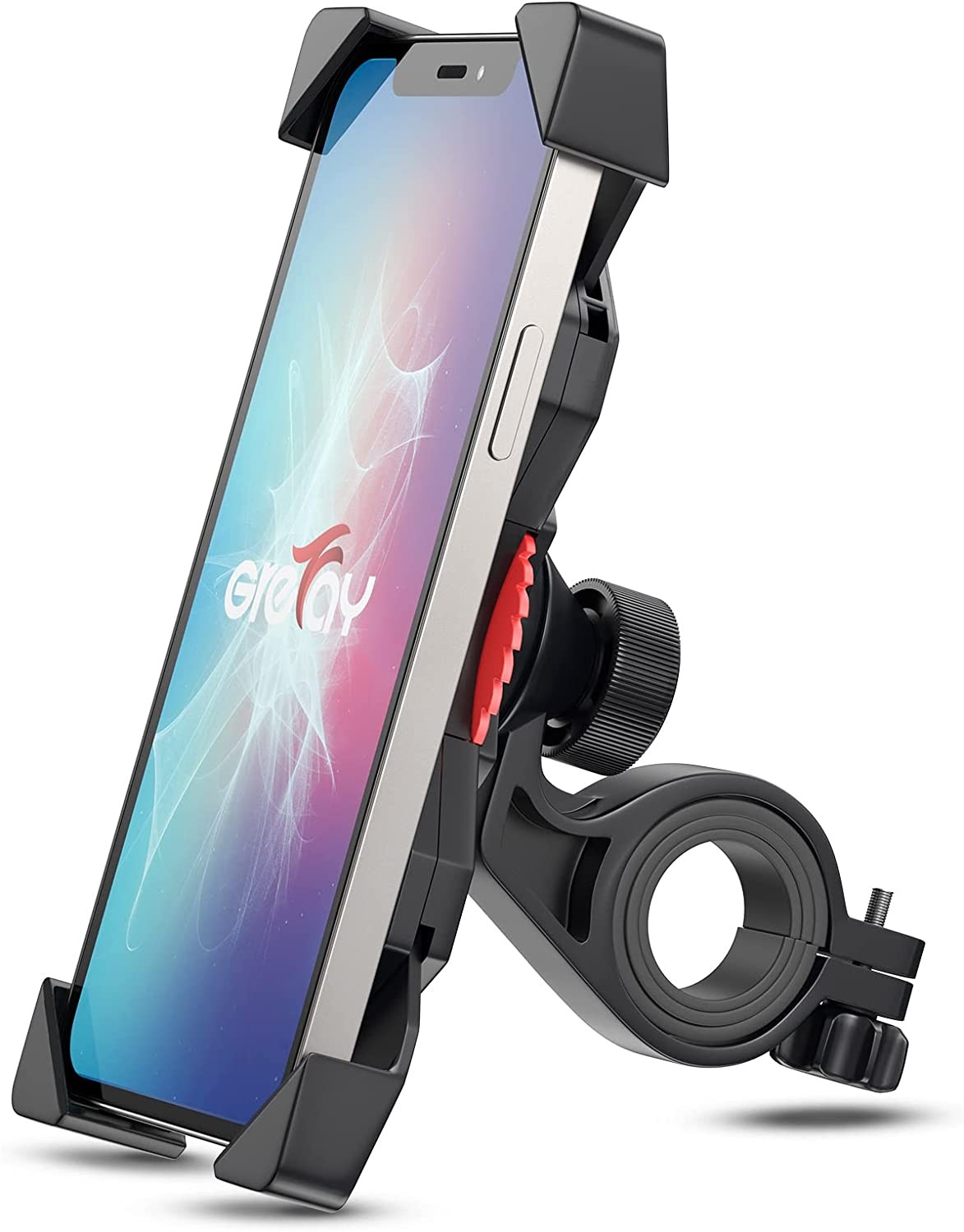 Bike Phone Mount Grefay Universal Motorcycle Cell Phone Holder Smartphone Clamp 360° Rotatable for Iphone 14/13/12/11/X Pro Max, Galaxy S10E/10/9/8/7+ Edge, and 3.5″-6.5″ Other Devices