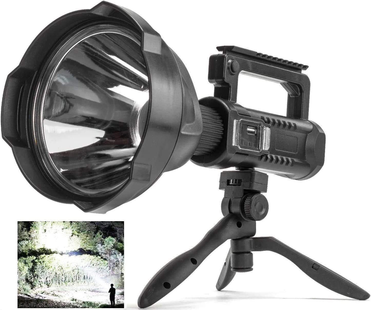 Rechargeable Spotlight Flashlight High Lumens, 90000 Lumen Super Bright Spot Light with 4 Modes & USB Output, Waterproof Handheld LED Spotlight with Tripod, Powerful Searchlight for Camping/Emergency