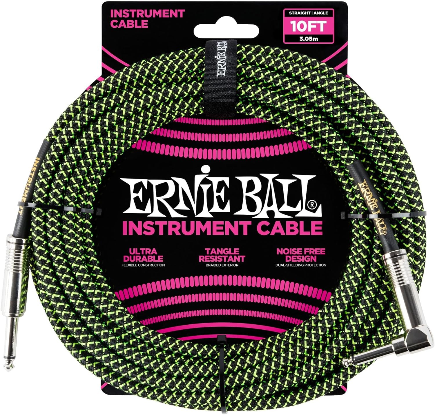 Ernie Ball 10′ Braided Straight Angle Inst Cable Black Green