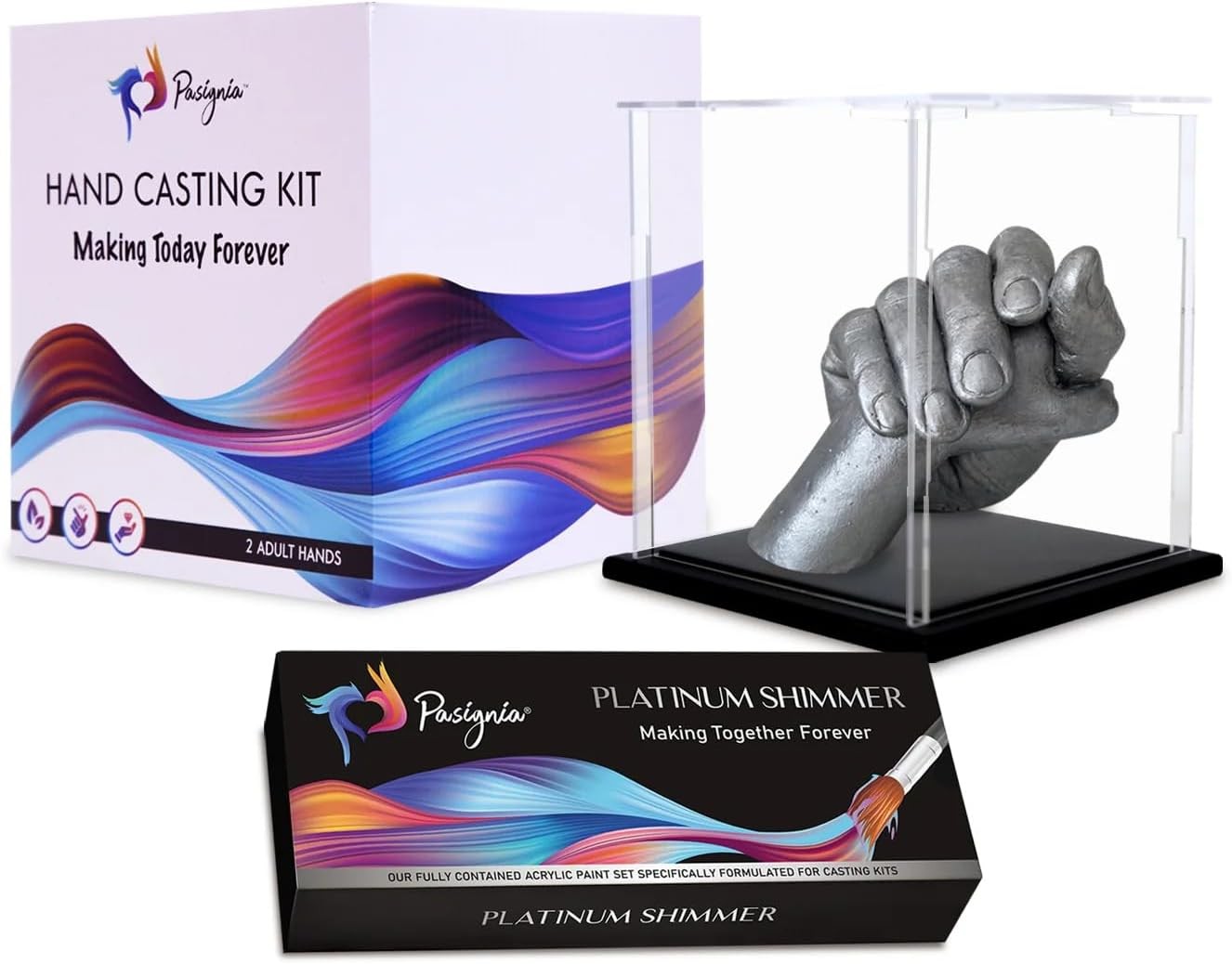 Hand Casting Kit for 2 Adult Hands, Platinum Shimmer Paint Set & Display Case – DIY Plaster Statue Cast Kit for Couples, Adults, Keepsake – Wedding, Anniversary, Valentine’S Gift Idea for Men & Women