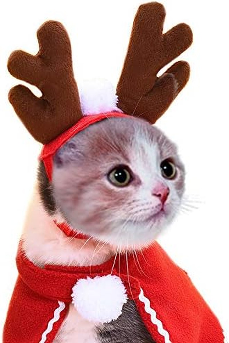 Christmas Cat Costume Reindeer Antlers Headband Santa Christmas Cloak for Pet, Cute Kitten Puppy Dress up Accessories Xmas Party Decoration for Cats Dogs Christmas Eve Party Pets (S)